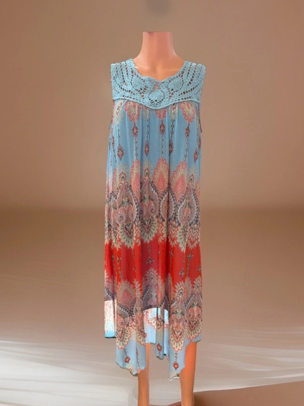 Studio by JPR Blue and Coral Crochet Yoke Midi Dress